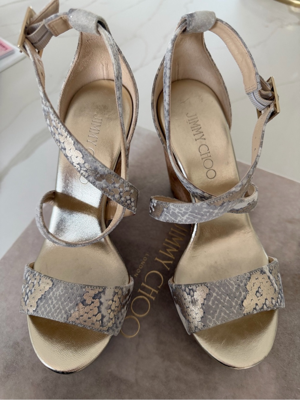 Jimmy Choo Metallic Taupe Snake-Print Ankle-Strap Heels